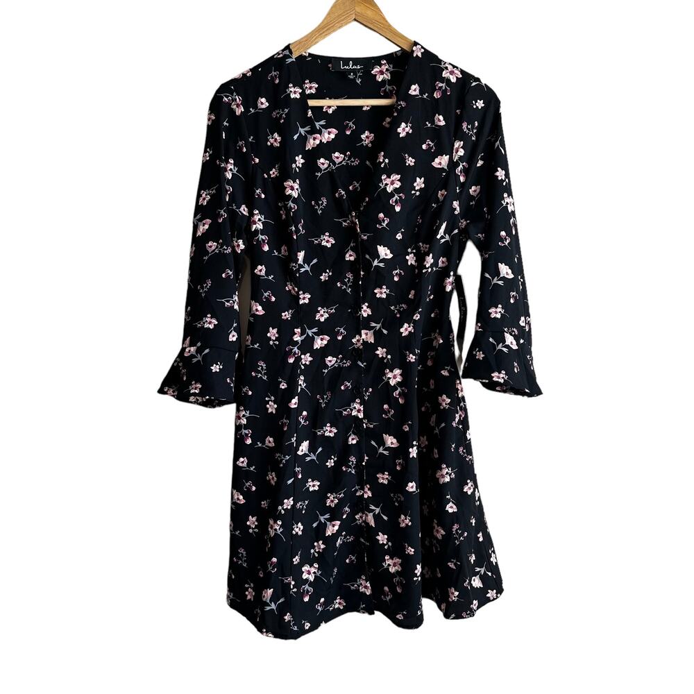 Lulus Love Blossoms Black Floral Print Button-Up Flounce Sleeve Dress S NEW - Picture 2 of 11